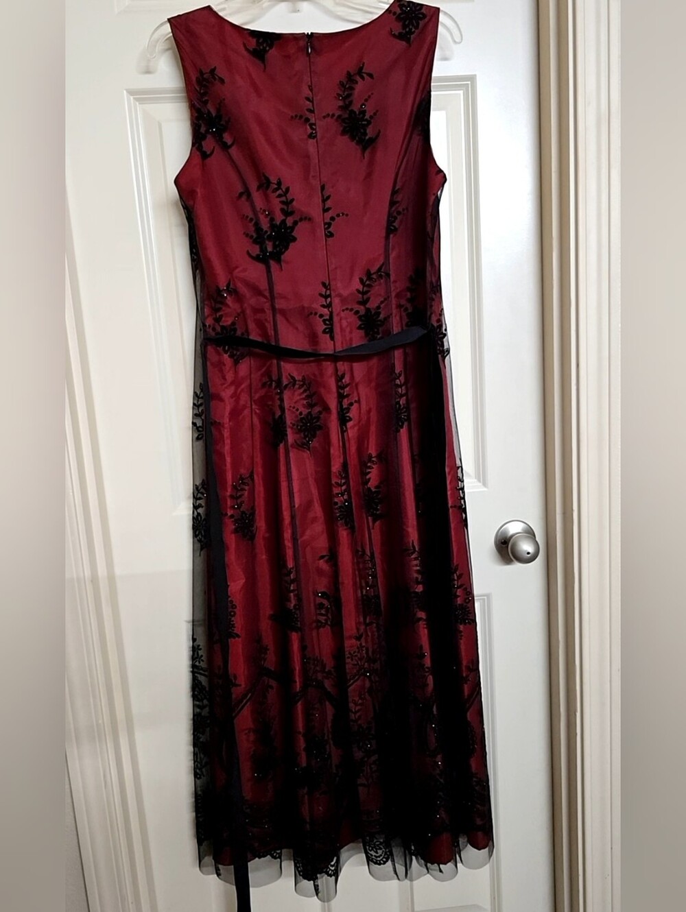 Coldwater Creek Burgundy Maxi Dress with Black Lace Overlay